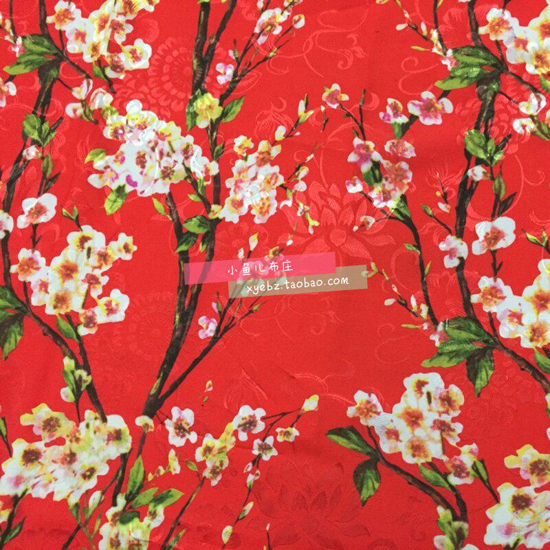 春秋大牌同款黑底玫瑰花桃花提花数码印花时装连衣裙手工diy布料