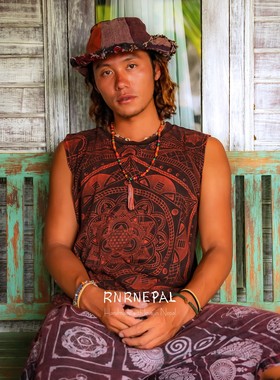 RNRNEPAL手工拓印mandala纯棉无袖T恤 瑜伽冥想背心女坎肩男上衣