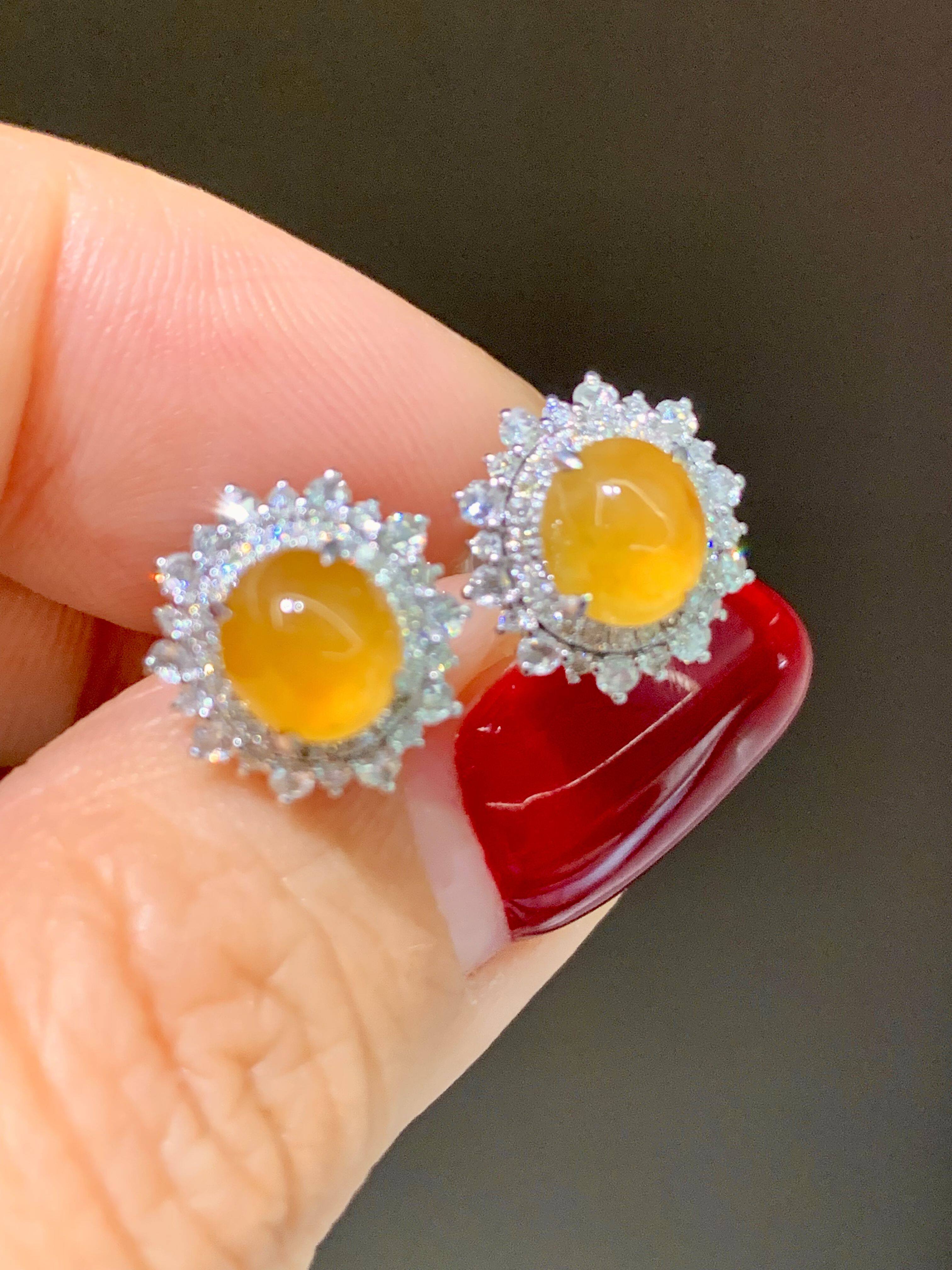 自然光 缅甸翡翠老坑玻璃种黄翡耳钉18K白金天然钻石港工豪华镶嵌