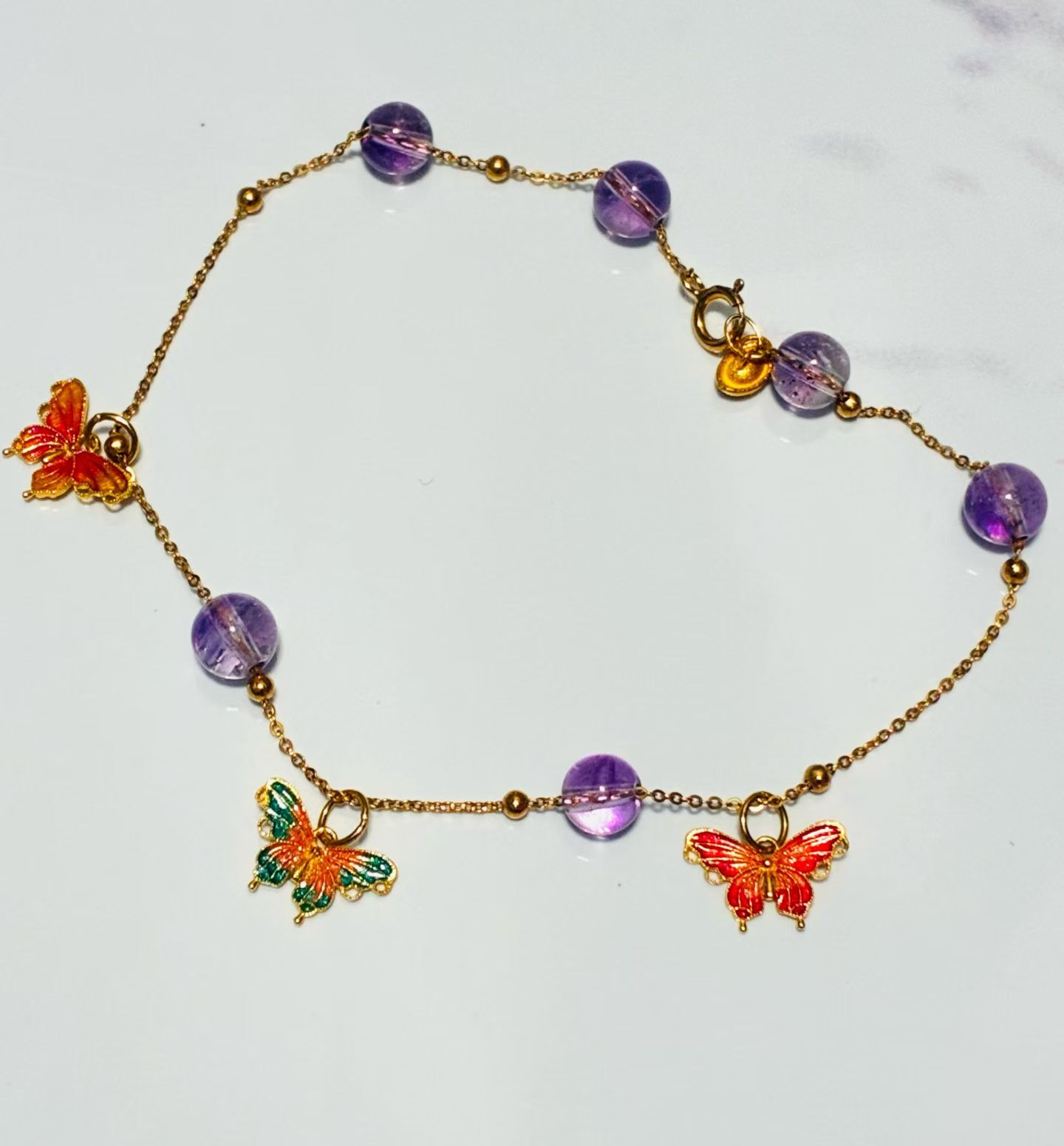18K黄金天然紫水晶金元宝手链 镶嵌紫水晶蝴蝶吊坠紫水晶超7手链