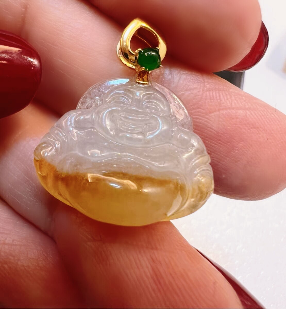 天然A货翡翠佛公 黄翡翠小佛 高冰种 18k黄金 帝王绿翡翠扣头镶嵌