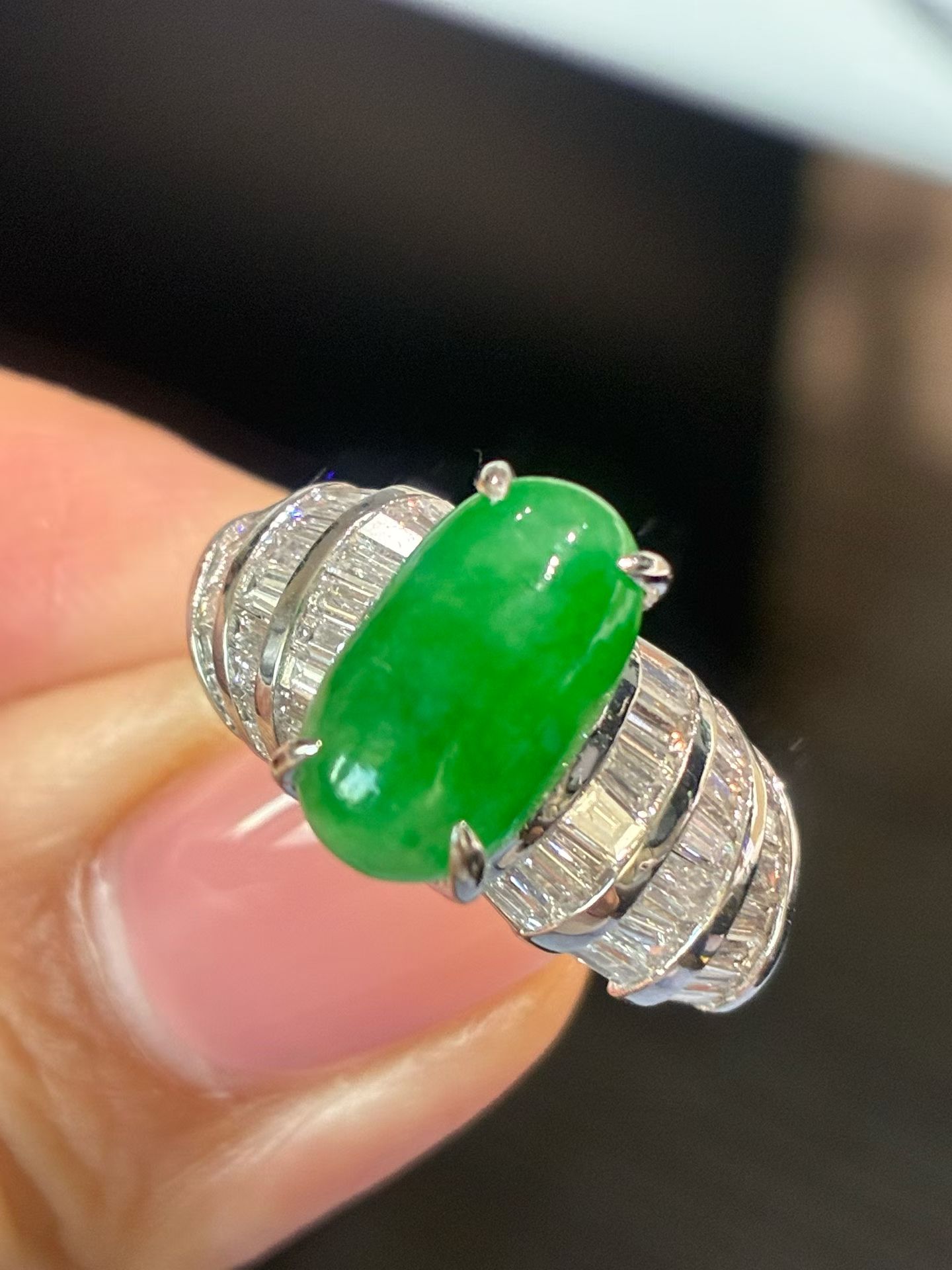 亏本卖 A货缅甸翡翠老坑钻戒18K白金钻石镶嵌1.5克拉天然钻石戒指