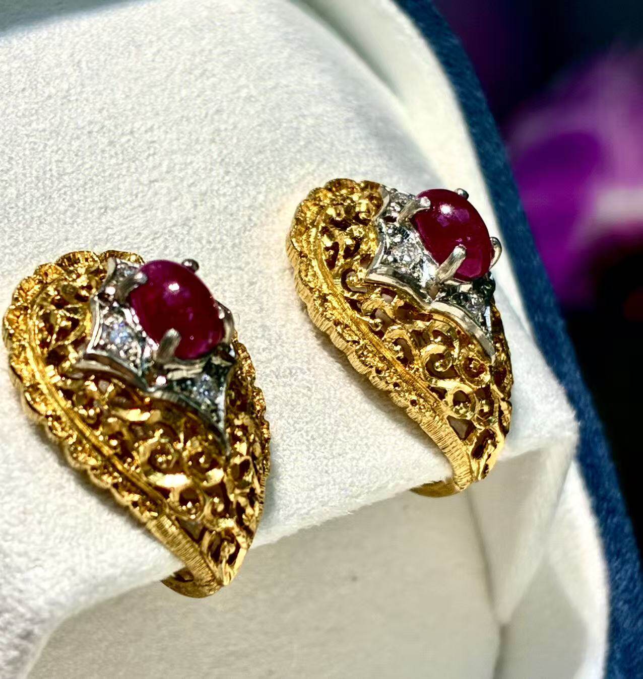 古董珠宝1xxxx亏本卖 天然红宝石 欧洲手工制作18k黄金钻石耳环