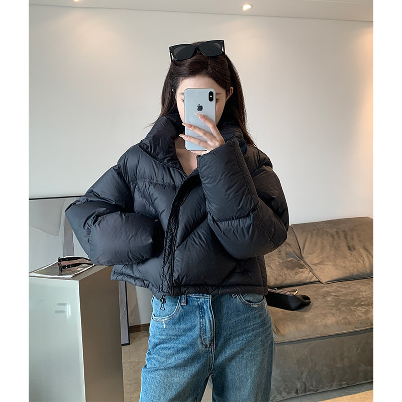 90白鹅绒羽绒服女2023冬季简约立领拉链双口袋宽松面包服羽绒衣