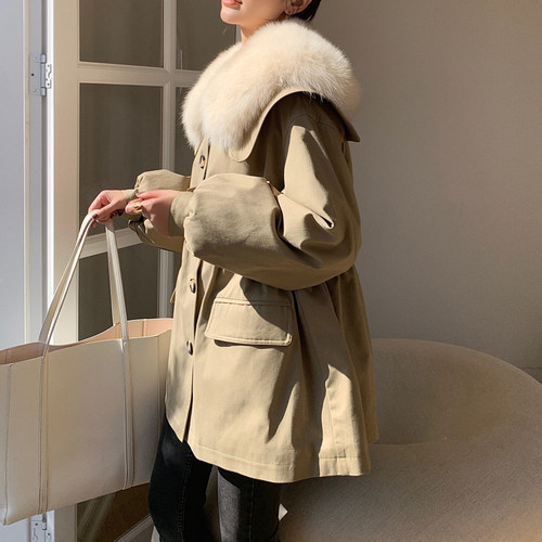 羽绒服女派克服娃娃领狐狸毛白鸭绒冬季新款中长款宽松外套