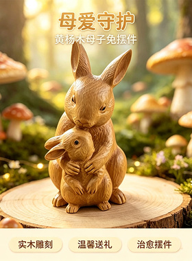 黄杨木母子兔温情守护木雕摆件