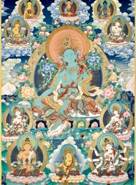 青海热贡才让端周矿物颜料纯手绘唐卡客厅书房装饰画绿度母高1米