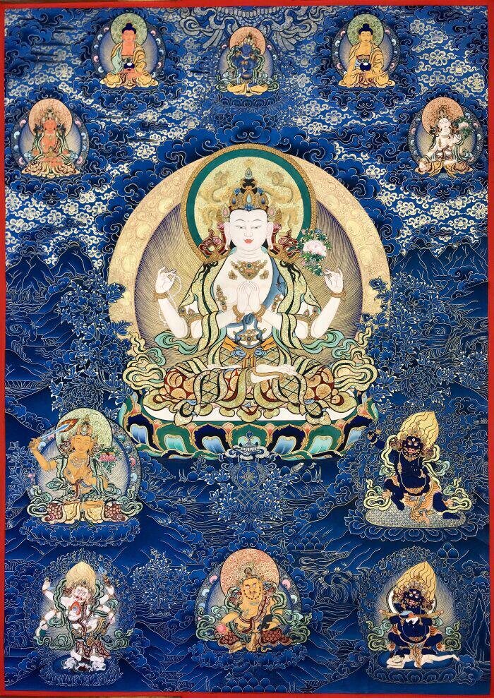 青海热贡精品蓝金四臂观音名师亲工手绘纯金矿彩唐卡装饰风水画