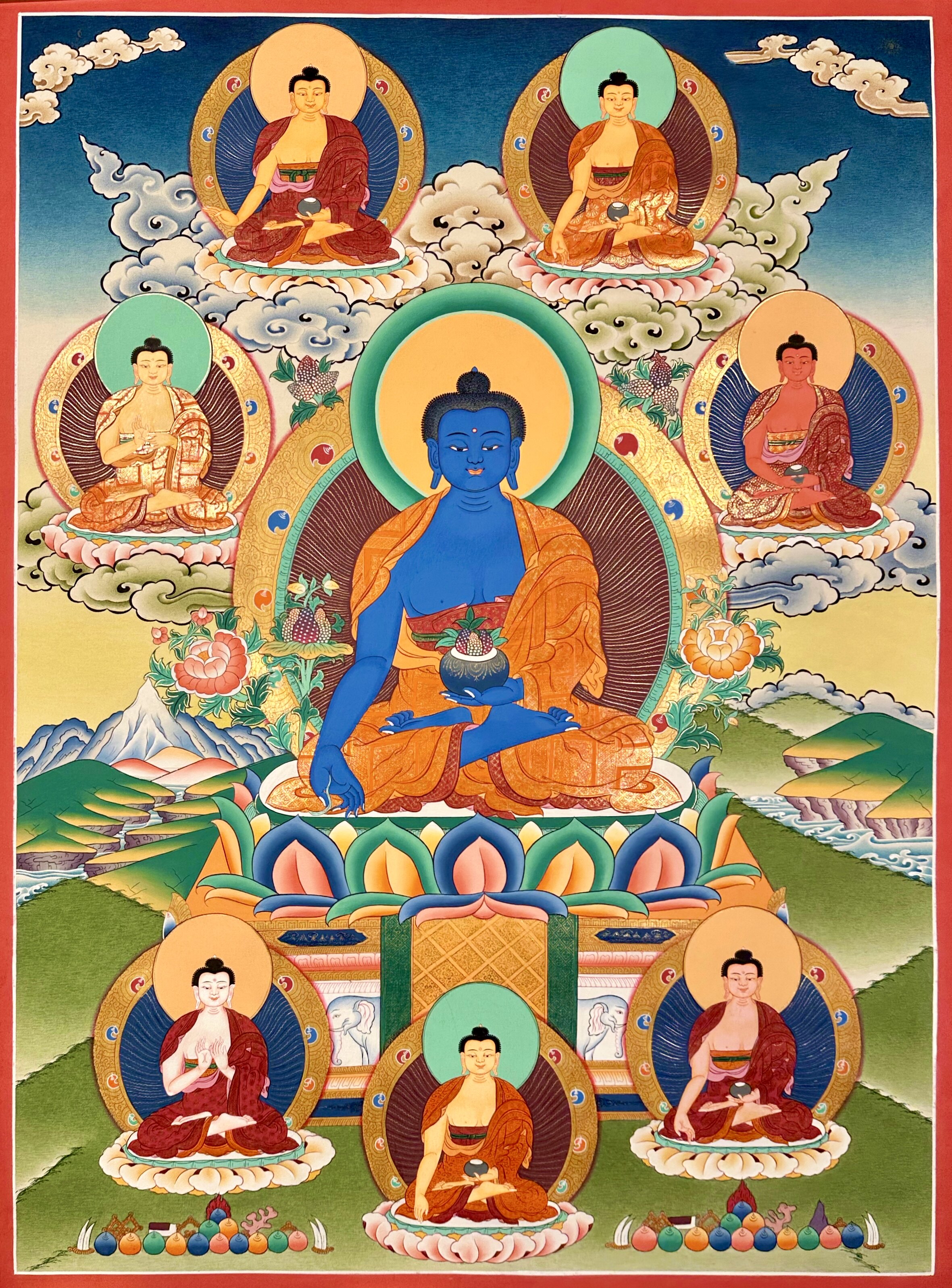 LM画师矿彩手绘佛卡意境观想唐卡客厅书房装饰画药师八佛76&times;55