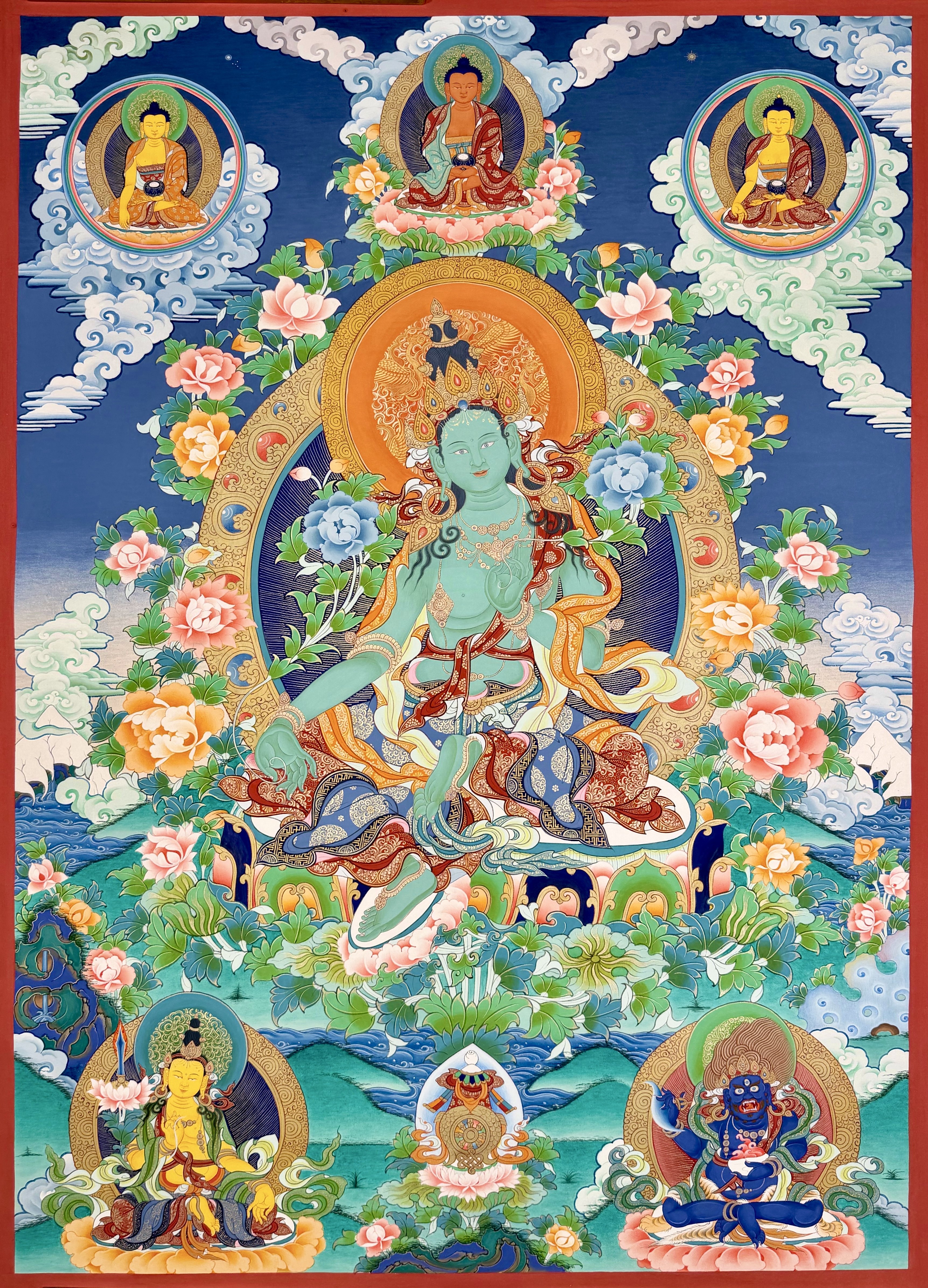热贡画僧曲智矿物颜料纯手绘唐卡装饰佛画彩唐绿度母尺幅80×56