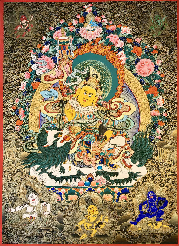 青海热贡精品黑金挂彩财宝天王 持咒亲工手绘纯金矿彩唐卡装饰风