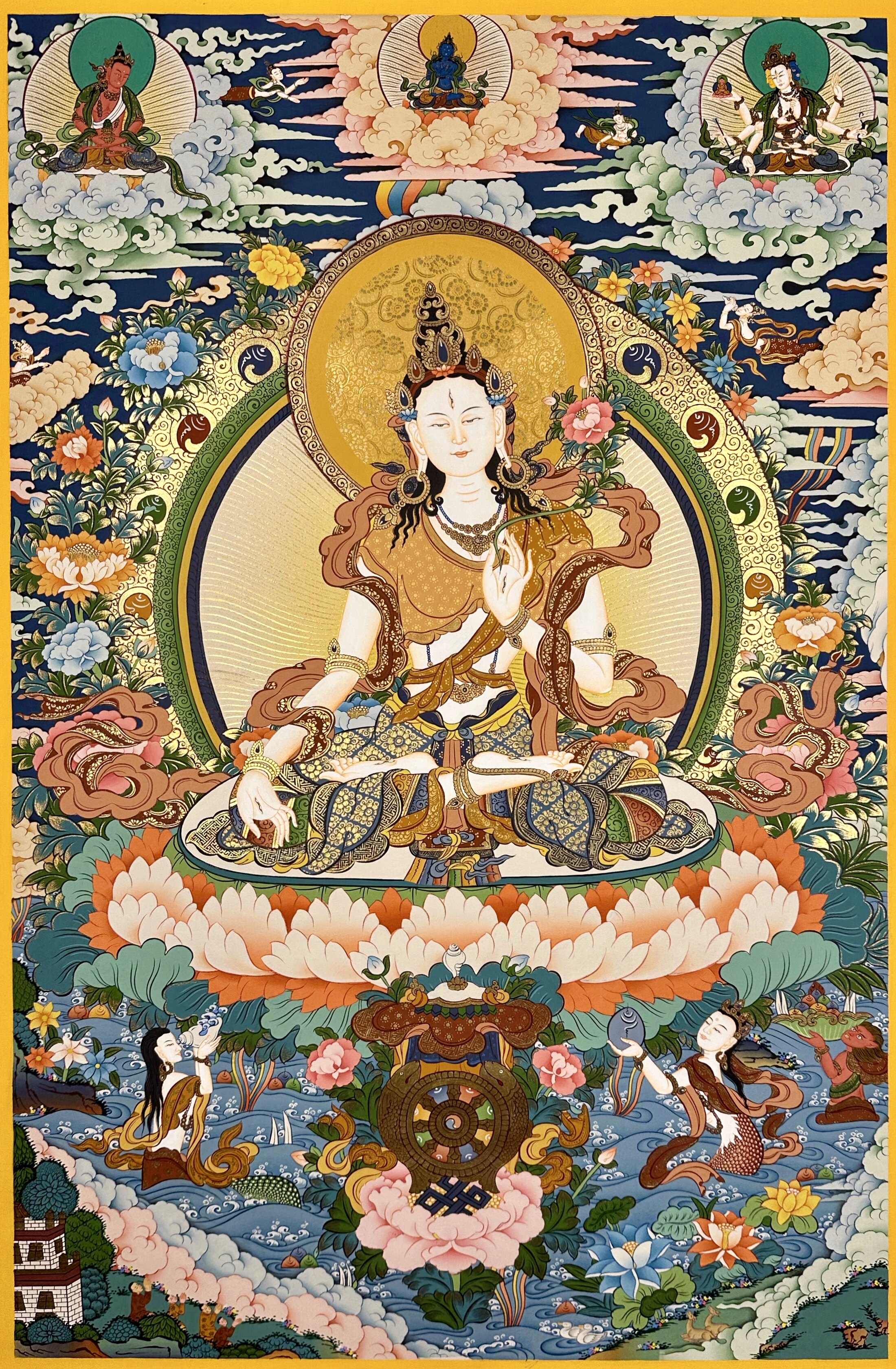 藏族老师手绘矿物颜料唐卡客厅书房装饰挂画藏传佛画白度母77×50