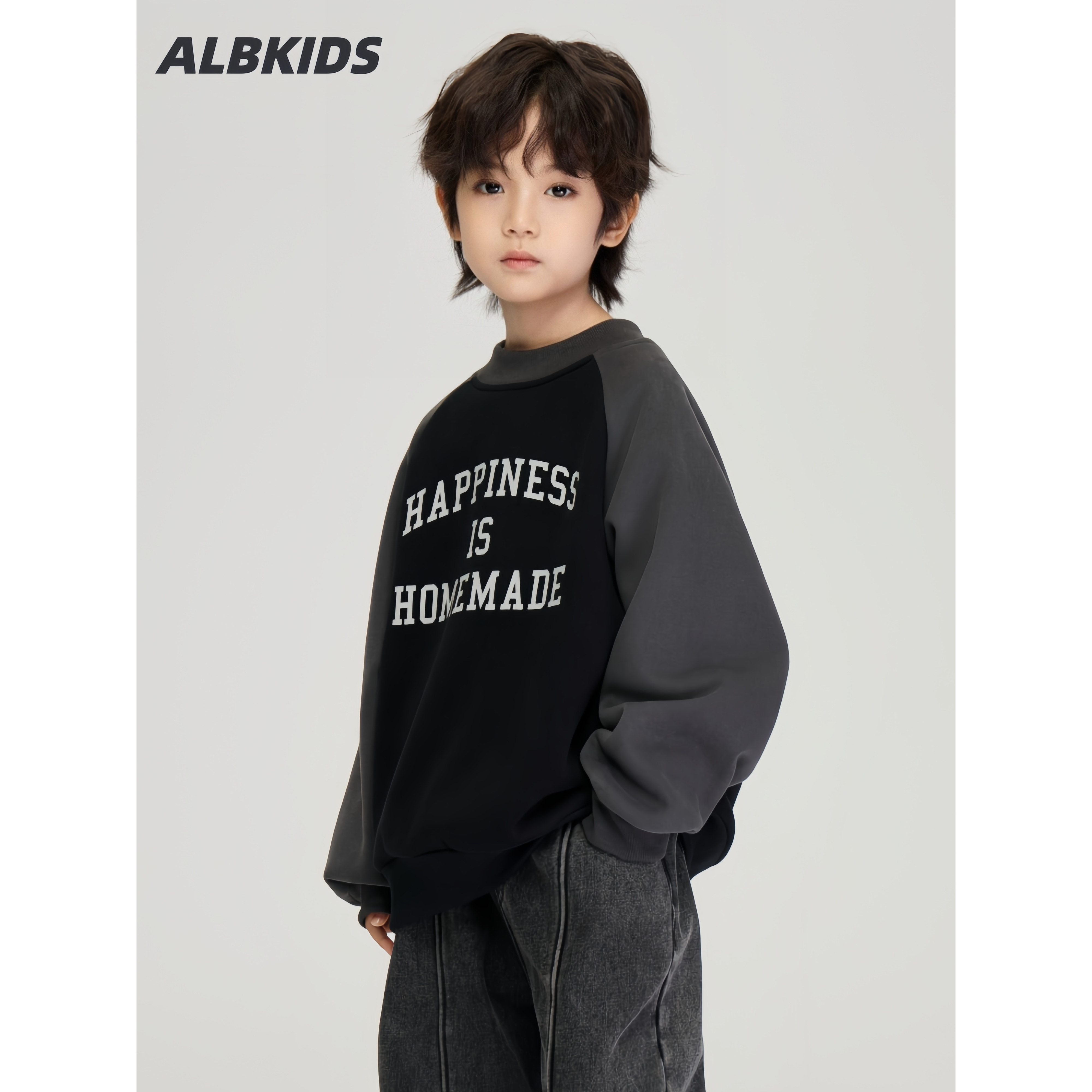 ALBKIDS童装男童套头字母厚字母绒衫中大童擦肩袖保暖一体绒卫衣