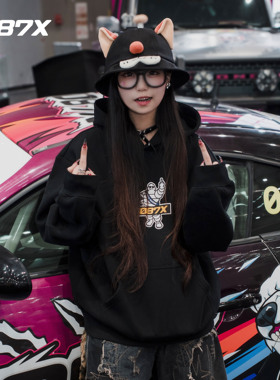 1087X秋冬新款恶搞轮胎人宽松美式重磅落肩印花套头连帽潮流卫衣