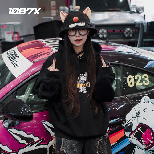 1087X秋冬新款恶搞轮胎人宽松美式重磅落肩印花套头连帽潮流卫衣