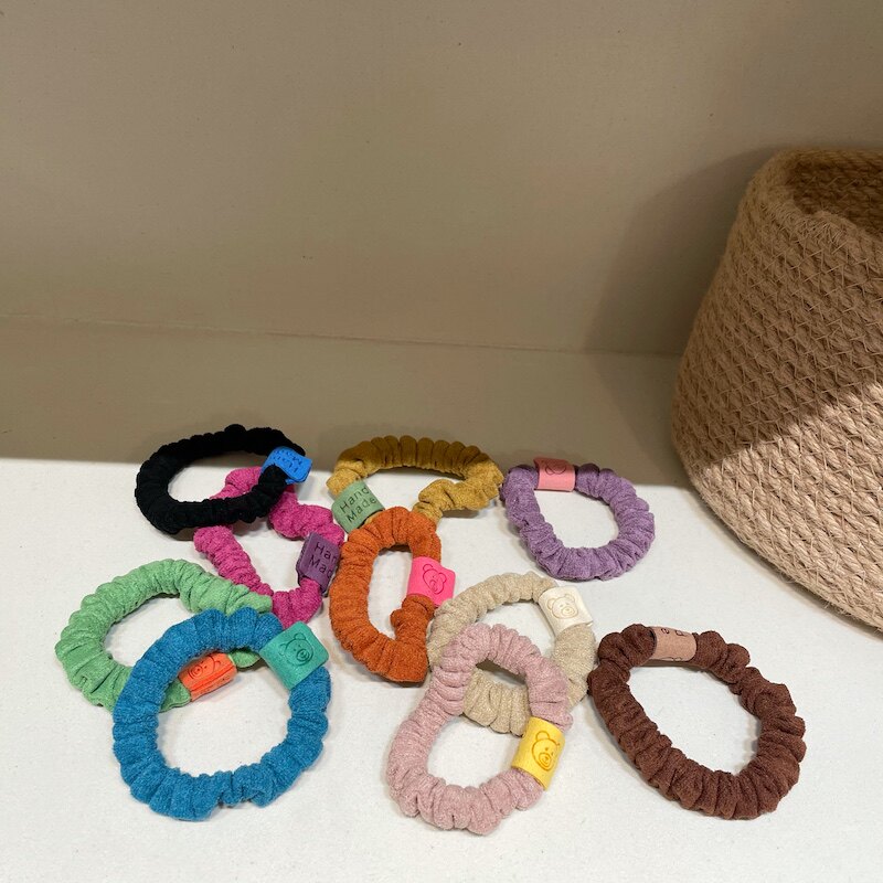韩国秋冬网红复古糖果色发圈布标鹿皮绒褶皱小肠圈马尾头绳皮筋女