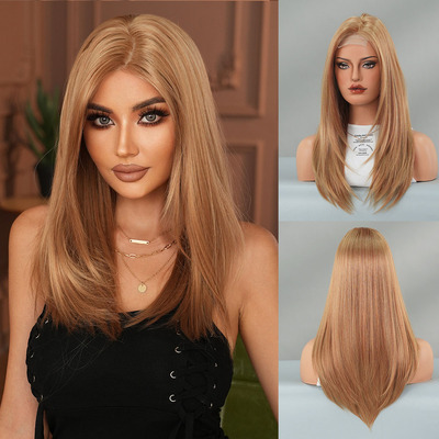 欧美辣妹假发女小蕾丝中分层次刘海内扣中长直发假发头套lace wig