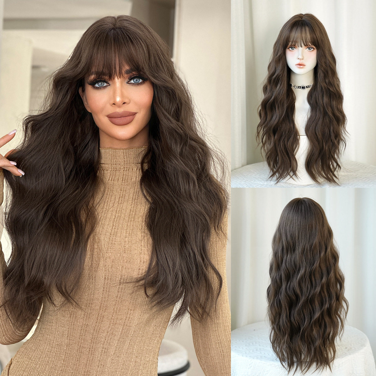 欧美假发女齐刘海大波浪超长卷发假发全头套套蓬松显白Long Wigs