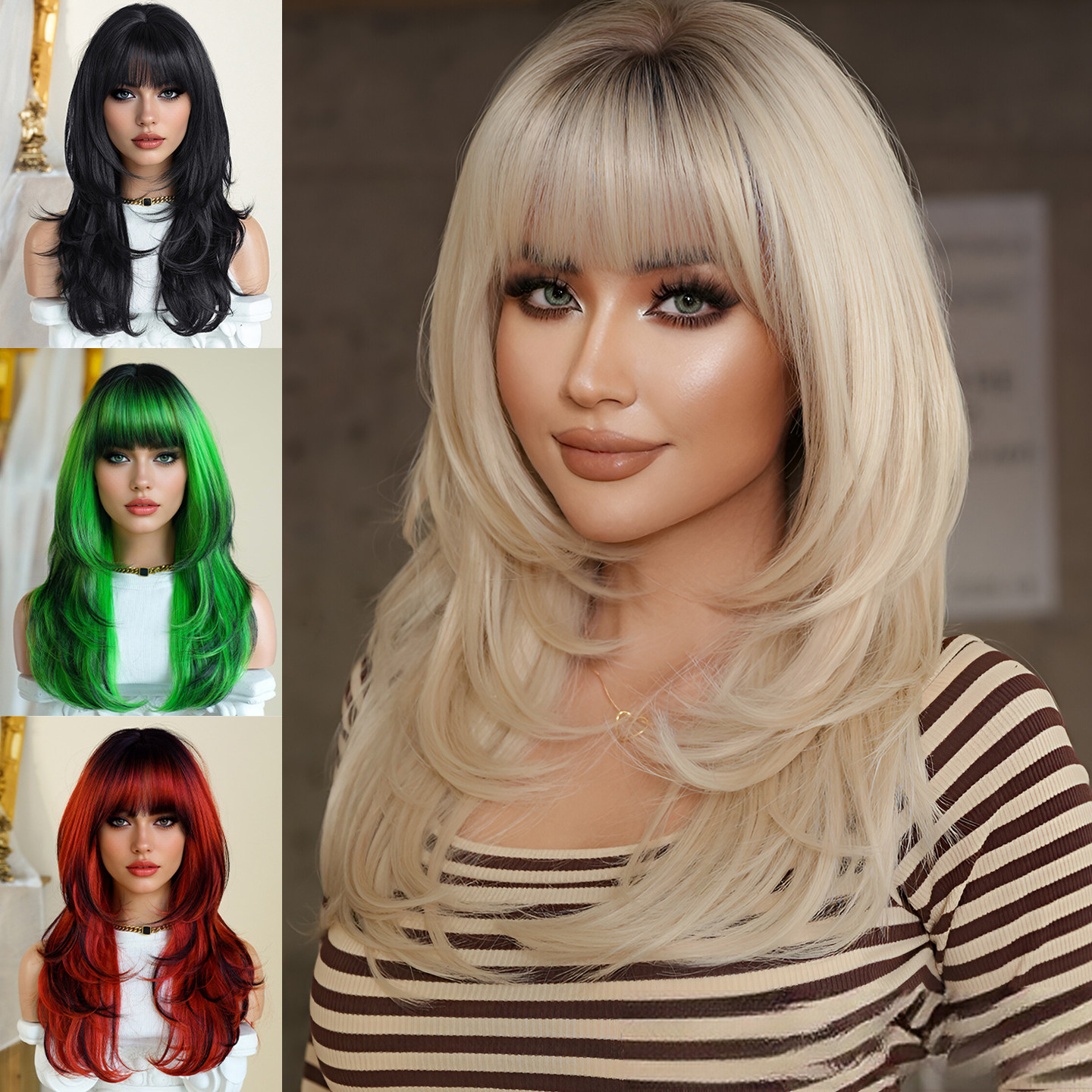 欧美挑染假发女齐刘海高层次纹理中长发假发全头套蓬松修脸wigs