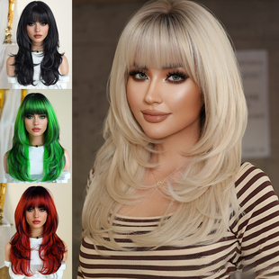欧美挑染假发女齐刘海高层次纹理中长发假发全头套蓬松修脸wigs