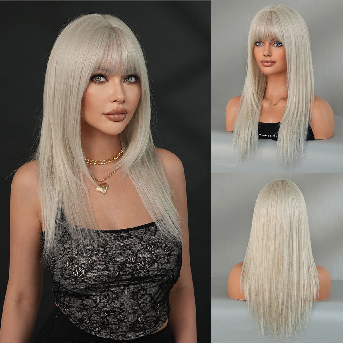 银白色假发女空气刘海层次直发假发全头套万圣节派对中长发wigs