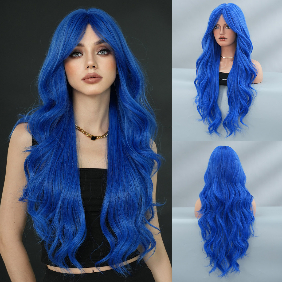 非主流假发女中分刘海长卷发假发头套Y2K风格蓝色波浪卷长发wigs