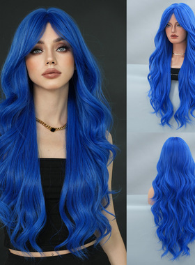 非主流假发女中分刘海长卷发假发头套Y2K风格蓝色波浪卷长发wigs