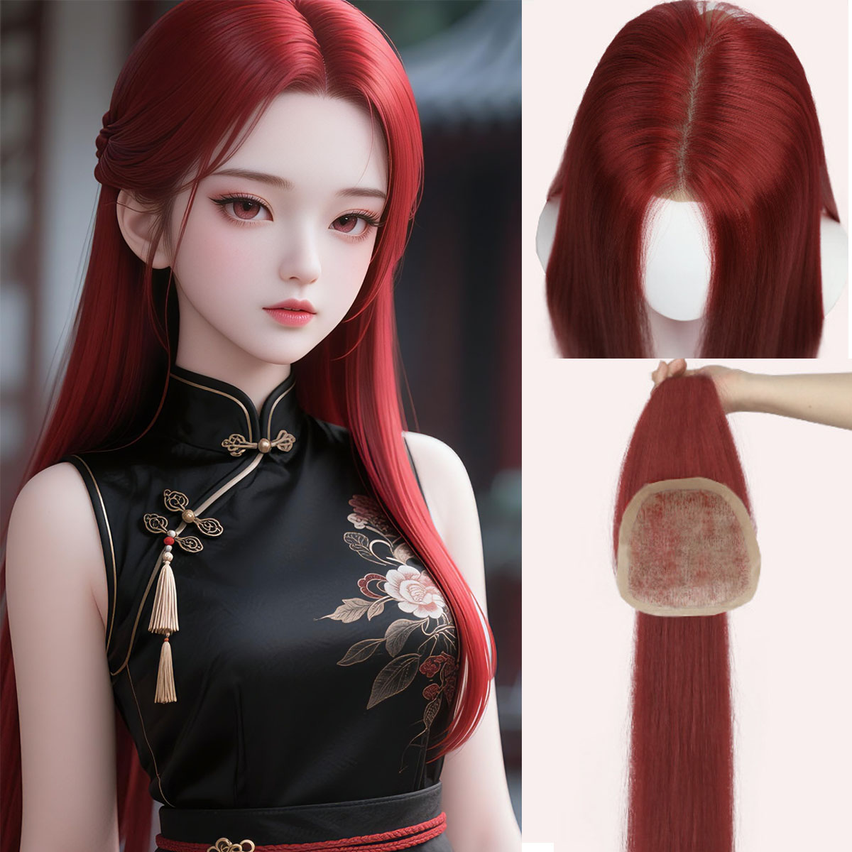 超长直发假发片前额后脑蕾丝分缝中分盖头顶刘海片假发补发块wigs