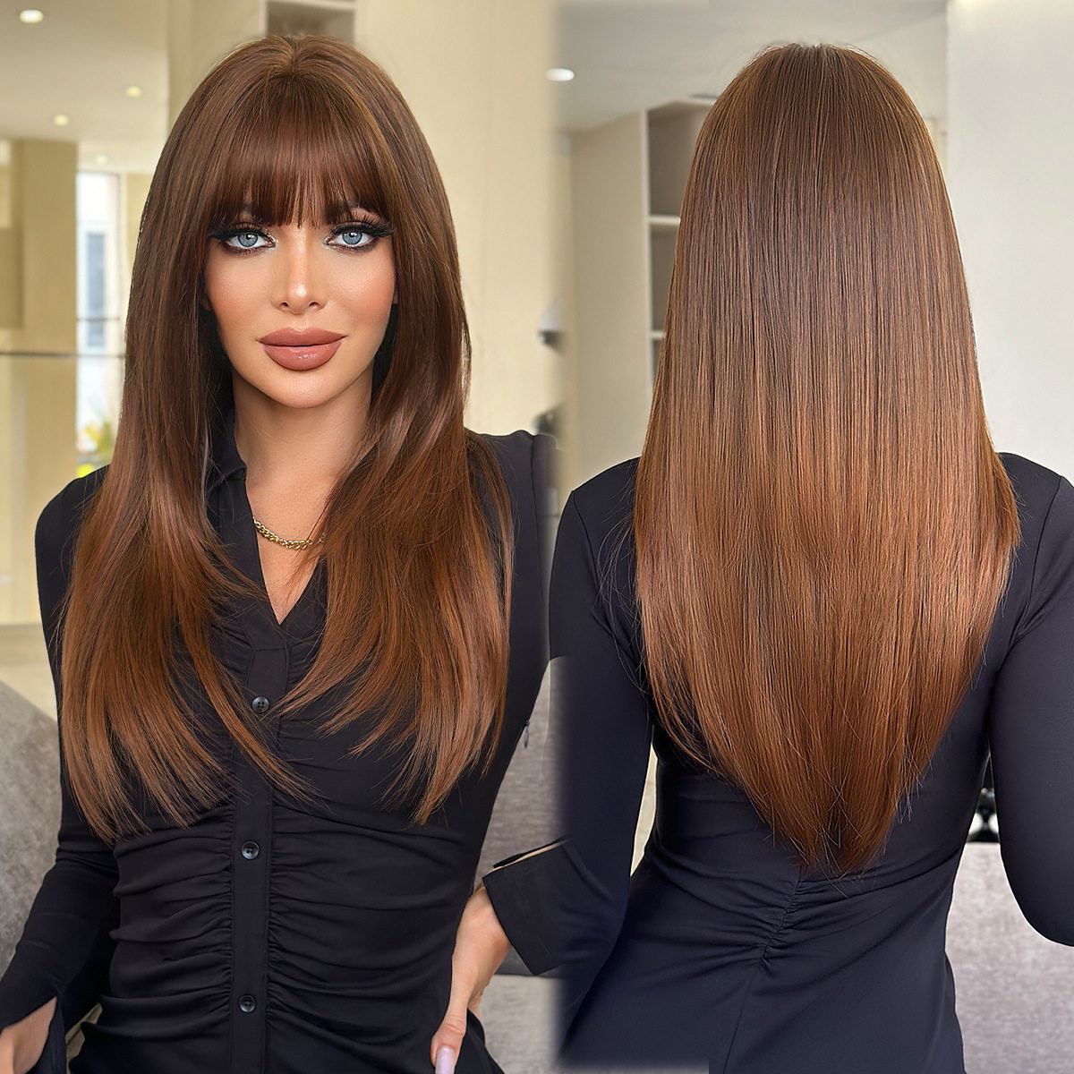 欧美假发女齐刘海高层次长直发假发套仿真棕色渐变长发 long wigs