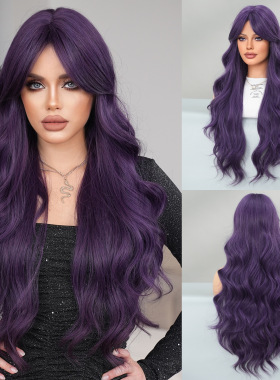 欧美假发女中分刘海长卷发假发套仿真发深紫色大波浪长发wigs