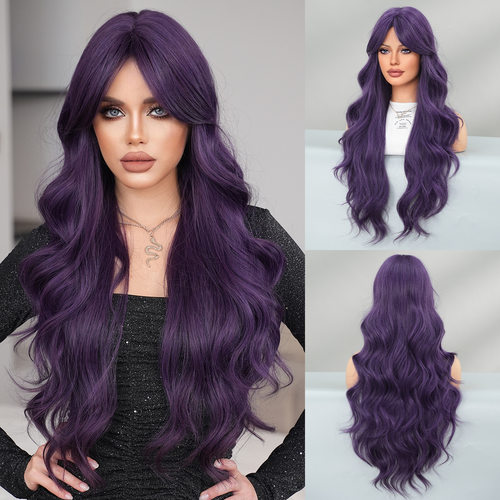 欧美假发女中分刘海长卷发假发套仿真发深紫色大波浪长发wigs
