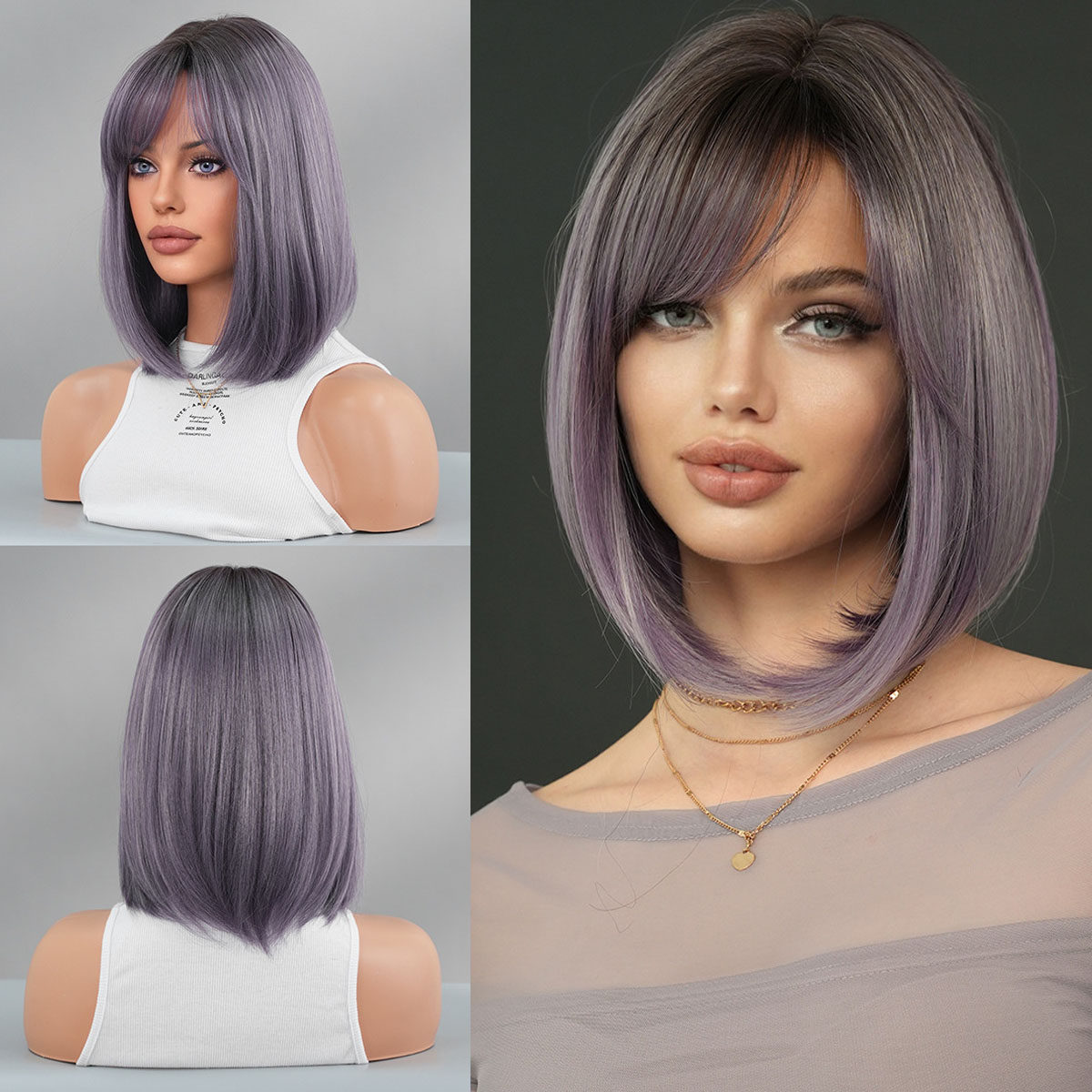 灰紫色头顶染假发女斜刘海短直发假发头套欧美BOBO波波头短发wigs