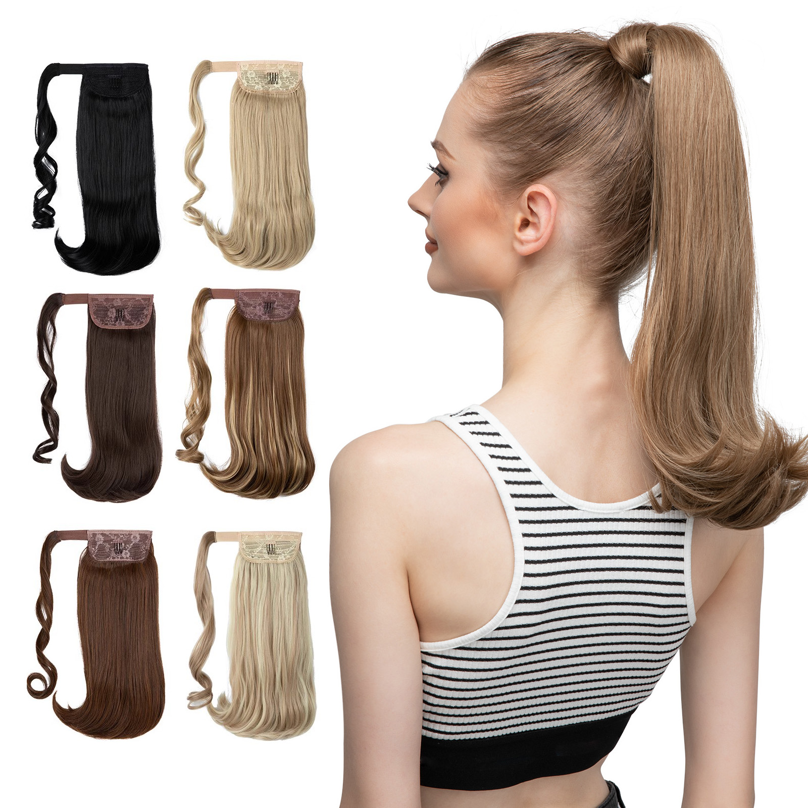 假发女缠绕式微卷马尾假发辫子自然蓬松欧美外翘长直发高马尾wigs