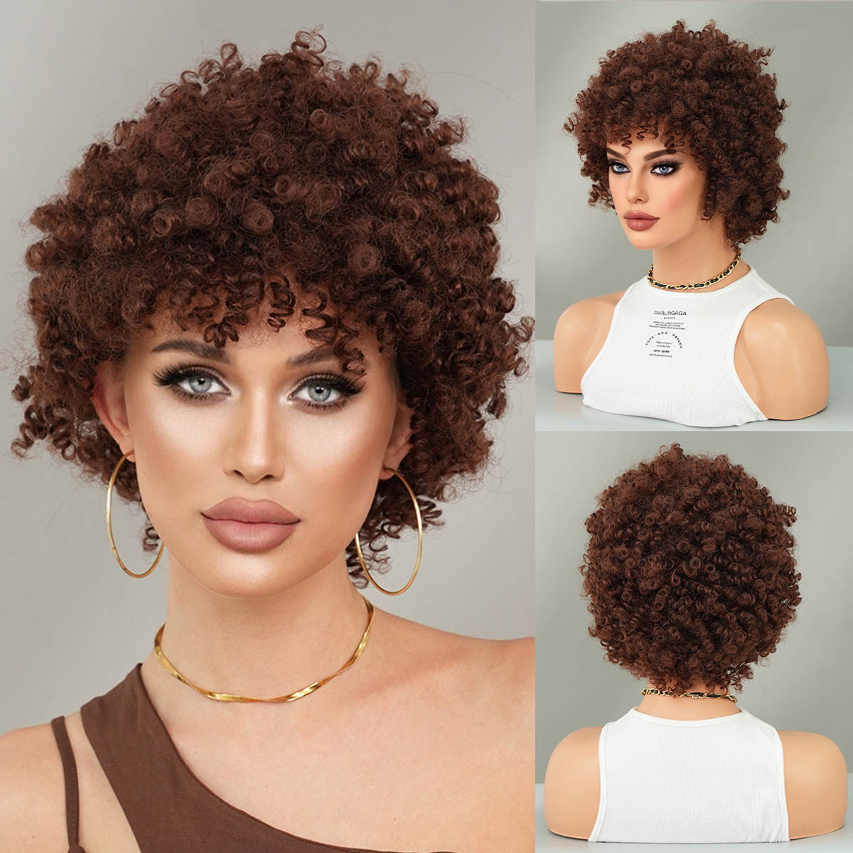 非洲假发女弹簧卷短卷发栗棕色精灵剪短发爆炸头假发全头套wigs