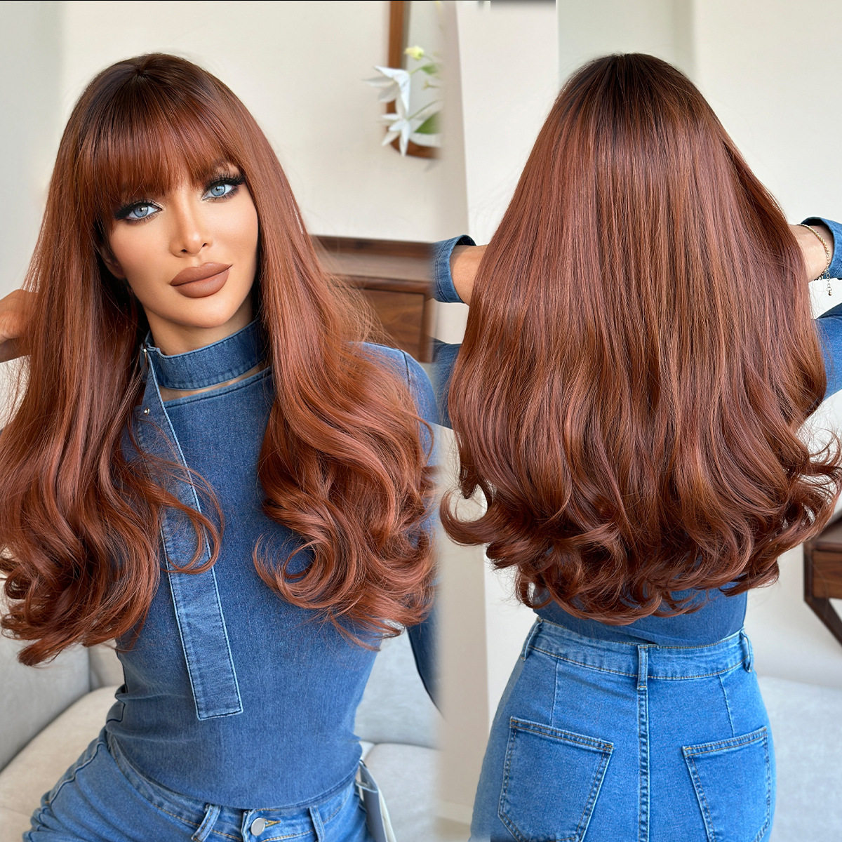 欧美辣妹假发女齐刘海梨花卷长卷发假发套蓬松自然波浪卷发wigs
