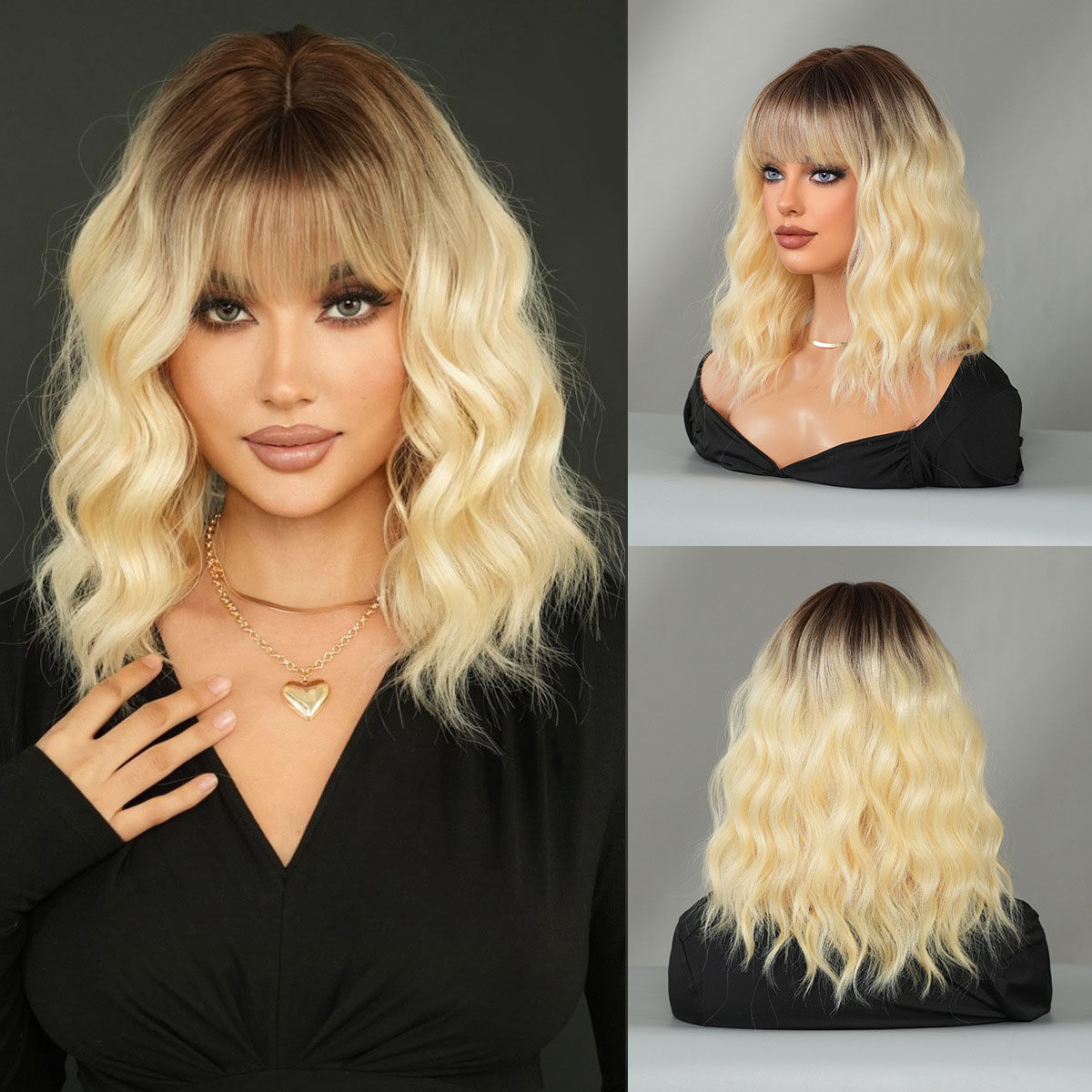 金色头顶染假发女齐刘海短卷发齐肩发头套蓬松波浪卷发curly wigs