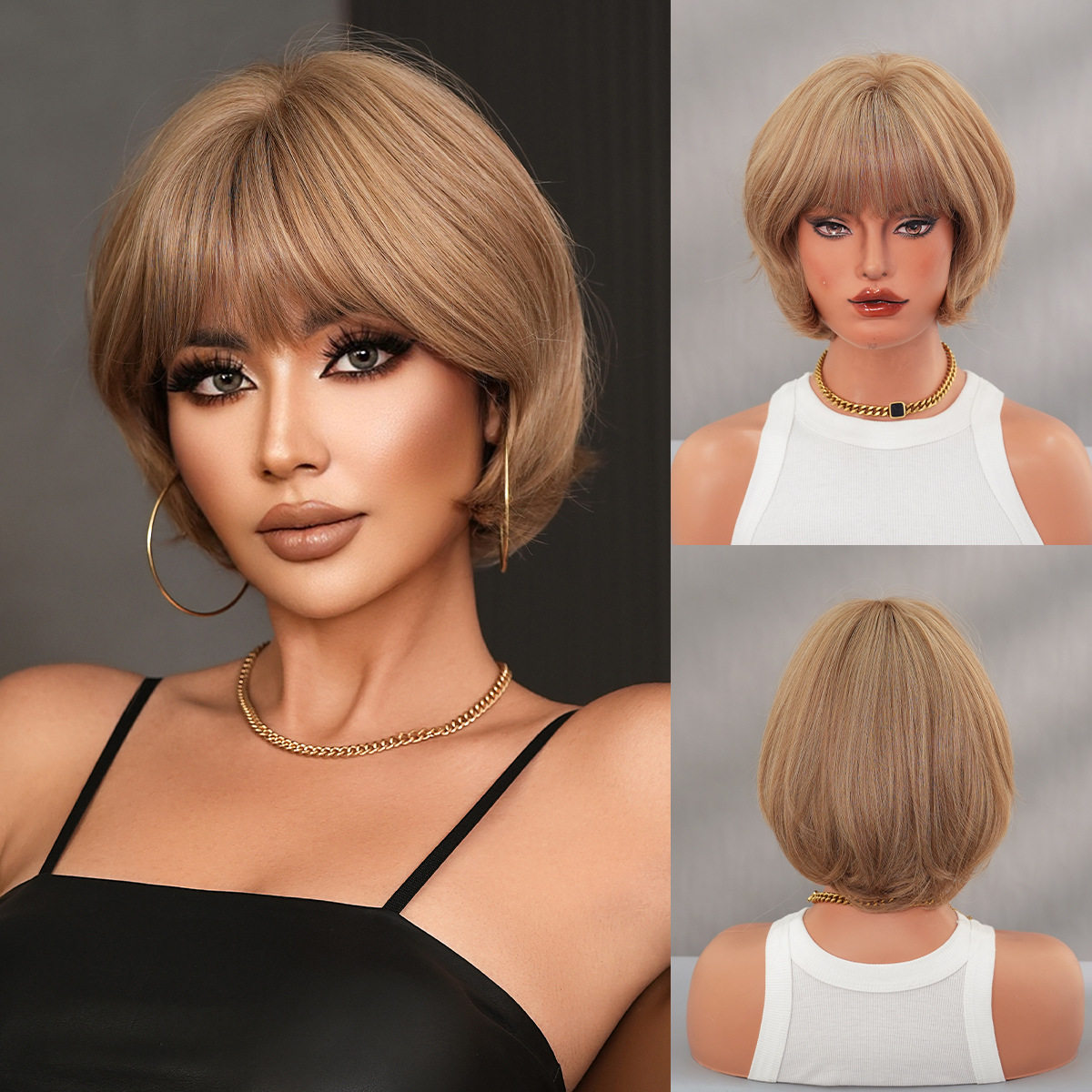 欧美假发女碎齐刘海层次短发假发全头套柔顺自然波波头短直发wigs