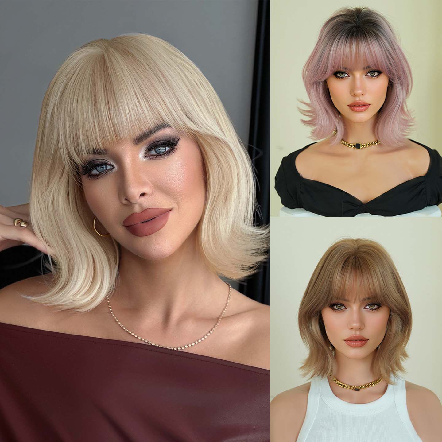 欧美铂金色假发女齐刘海短卷发假发套修脸发尾外翘短发short wigs