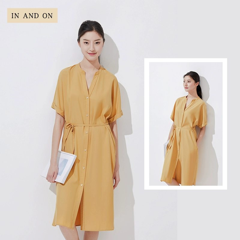 TRONG VÀ TRÊN Đức nhẹ sang trọng phụ nữ thắt lưng áo sơ mi cổ chữ V phương thức ngắn tay ngắn một mảnh váy dài phụ nữ - Váy dài
