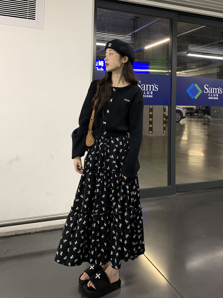 루샤오 투안투안 리본 니트 스웨터 꽃무늬 스커트 정장 2024 겨울 새 스타일 착용 프렌치 스커트