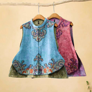 26春秋新中式双面可穿刺绣马甲人丝无袖A字版短款圆领盘扣马夹女