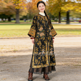 千椿物喜新中式 国风重工刺绣气质圆领对襟落肩宽松长风衣外套女