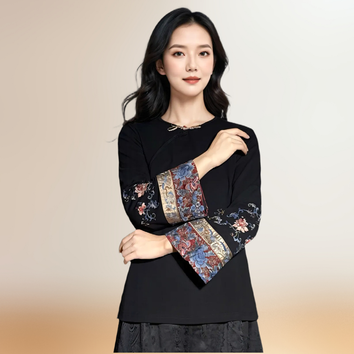 长袖新中式常规刺绣棉混纺女