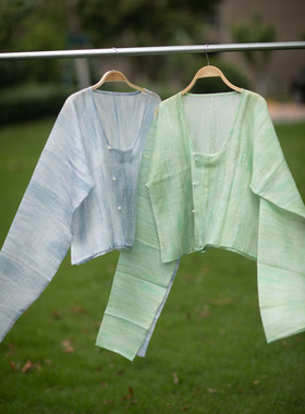 青泠谷天丝仙女条纹印染圆领衫子日常汉服