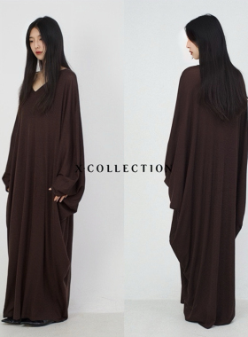 xcollection26早春经典V领澳洲美丽诺羊毛混纺慵懒风蝙蝠袖连衣裙