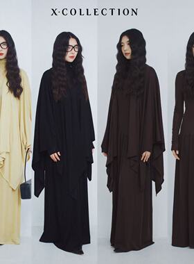 xcollection25冬 澳洲美丽诺羊毛混纺高领修身大裙摆连衣裙披肩