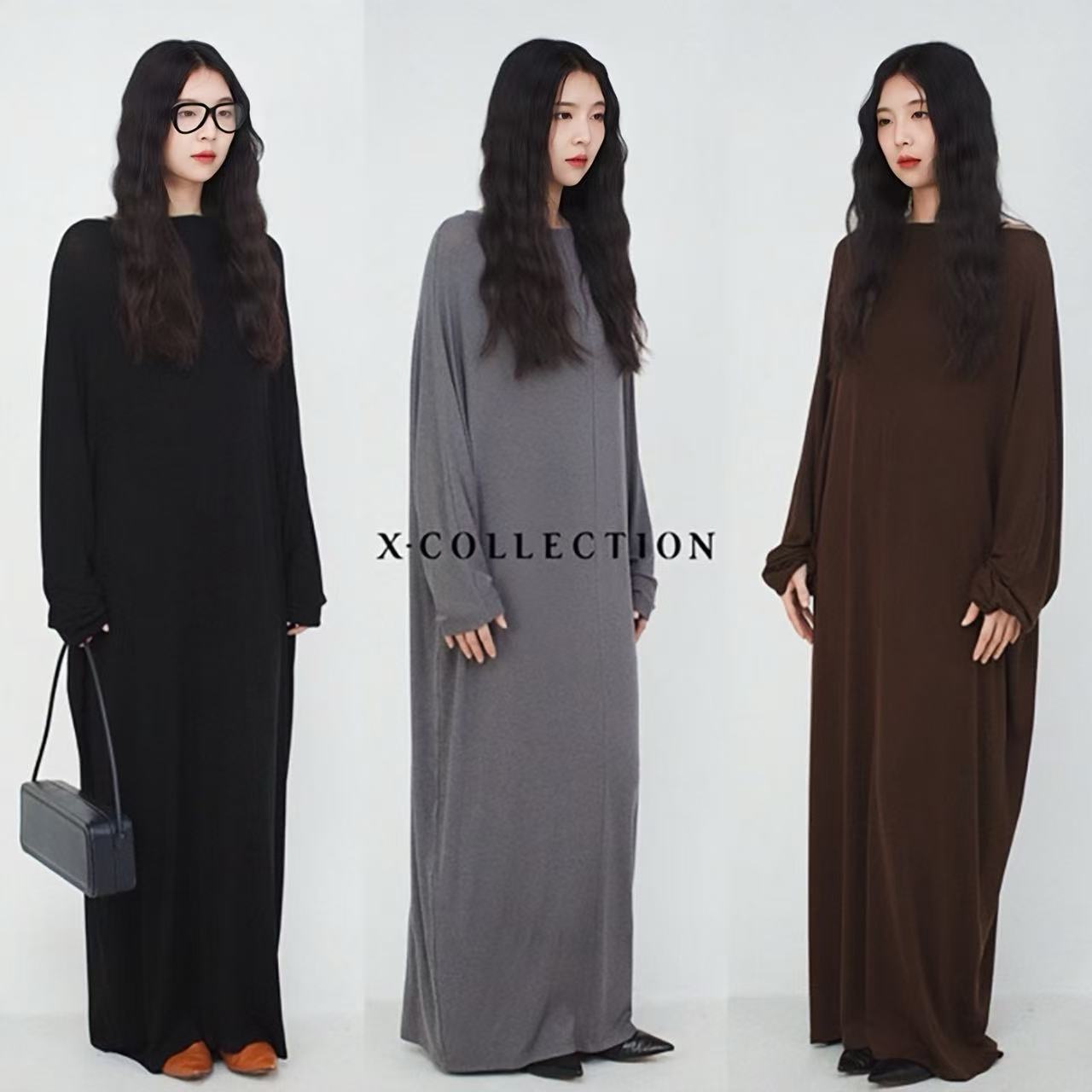 xcollection25夏新品天丝美丽诺防缩羊毛慵懒风廓型长袖连衣长裙