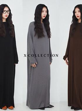 xcollection25夏新品天丝美丽诺防缩羊毛慵懒风廓型长袖连衣长裙