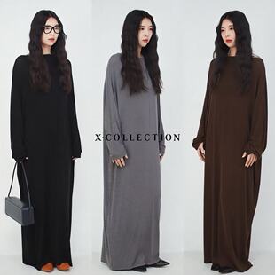 xcollection25夏新品天丝美丽诺防缩羊毛慵懒风廓型长袖连衣长裙