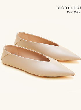 Xcollection boutique经典通勤风超尖头V口平底鞋舒适真皮底单鞋
